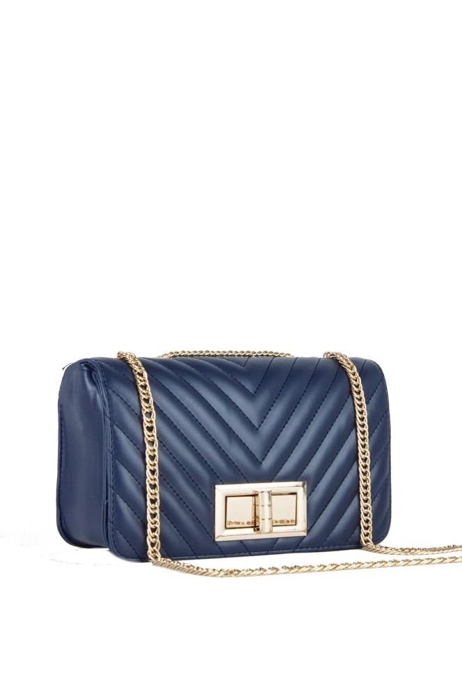 Stephanie Navy Quilted Chain Shoulder Bag With Gold Detail