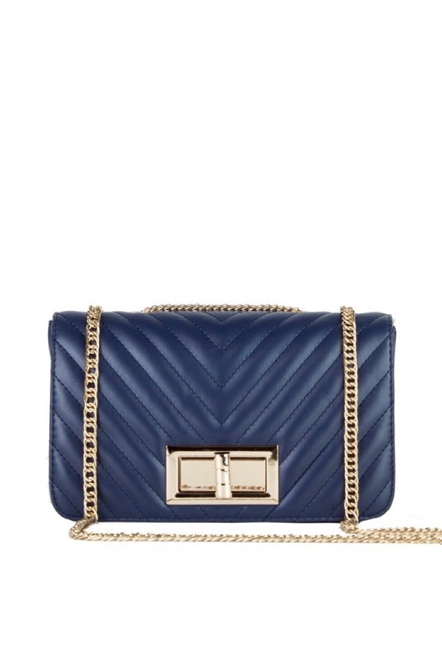Stephanie Navy Quilted Chain Shoulder Bag With Gold Detail