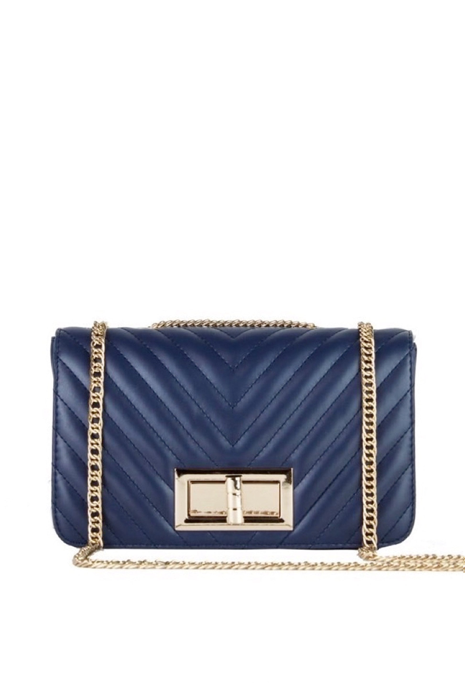 Stephanie Navy Quilted Chain Shoulder Bag With Gold Detail