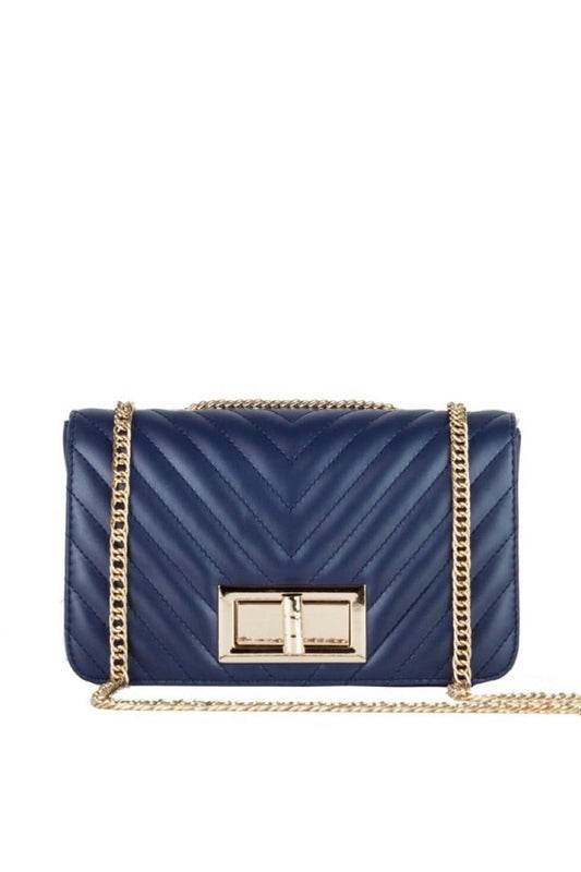 Stephanie Navy Quilted Chain Shoulder Bag With Gold Detail