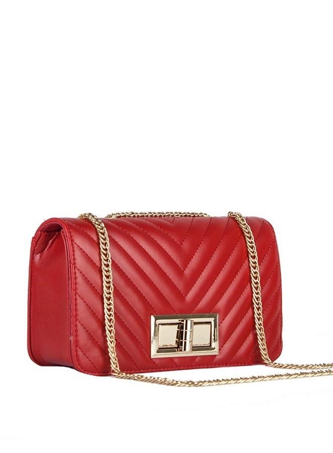 Stephanie Red Quilted Chain Shoulder Bag With Gold Detail