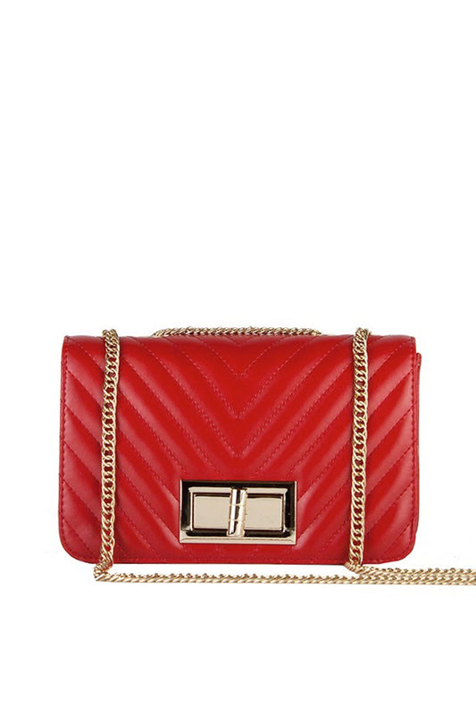Stephanie Red Quilted Chain Shoulder Bag With Gold Detail