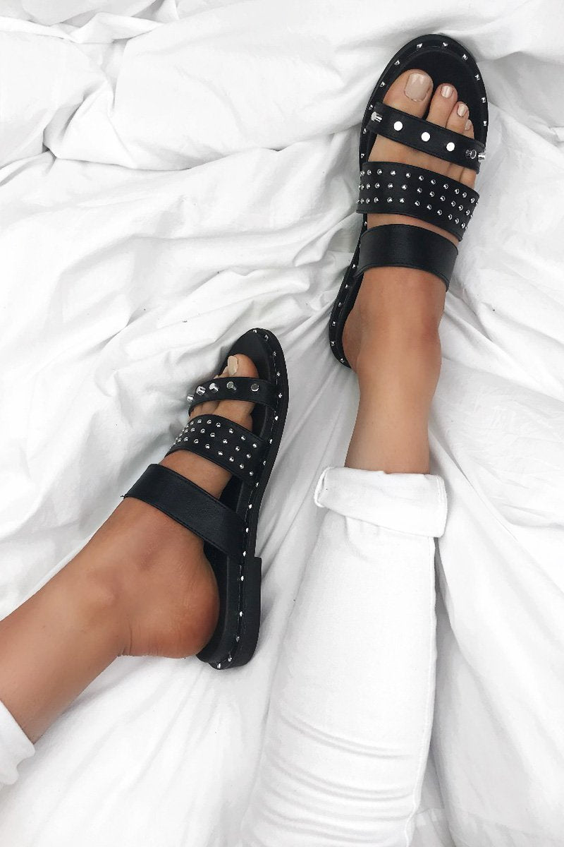 Summer Black Stud Slider Sandals With Silver Detail