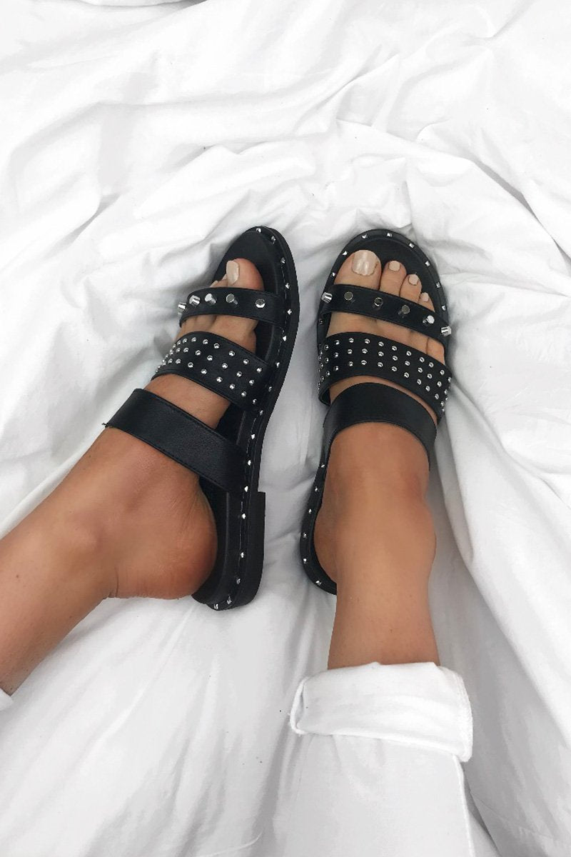 Summer Black Stud Slider Sandals With Silver Detail