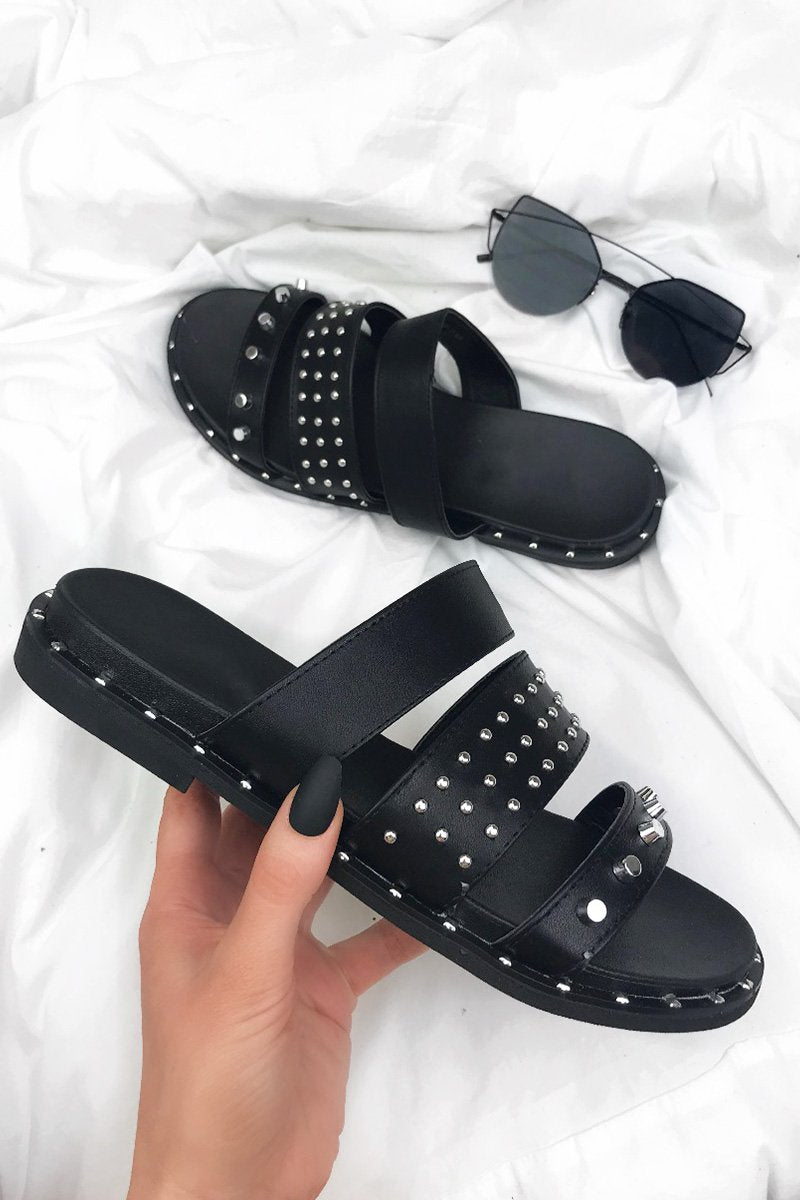 Summer Black Stud Slider Sandals With Silver Detail