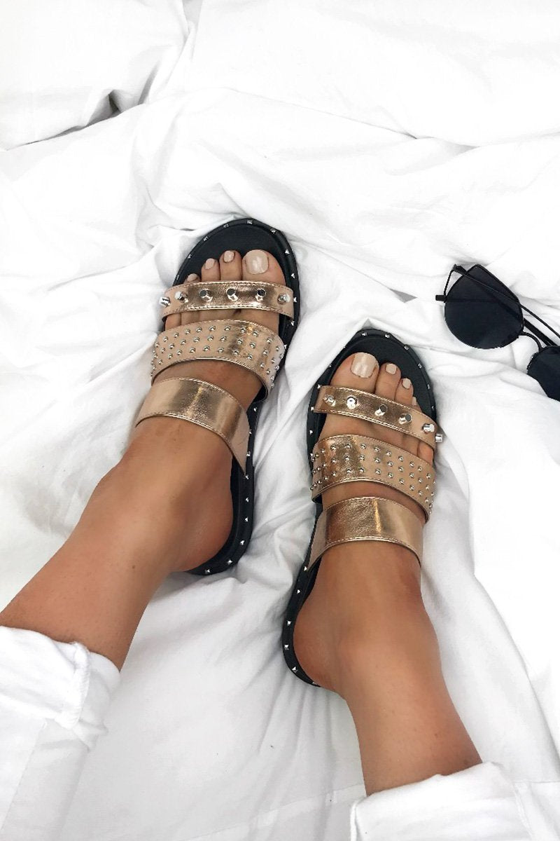 Summer Rose Gold Stud Slider Sandals With Silver Detail