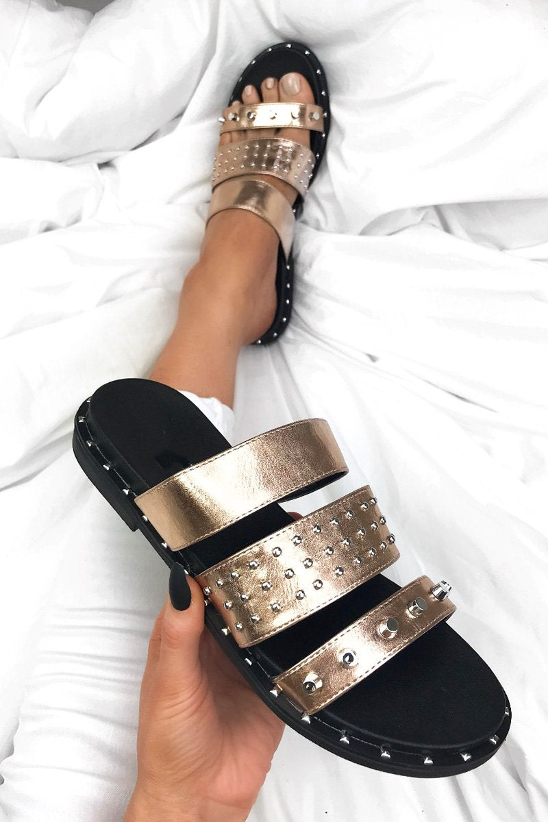 Summer Rose Gold Stud Slider Sandals With Silver Detail