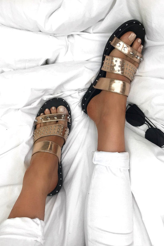 Summer Rose Gold Stud Slider Sandals With Silver Detail