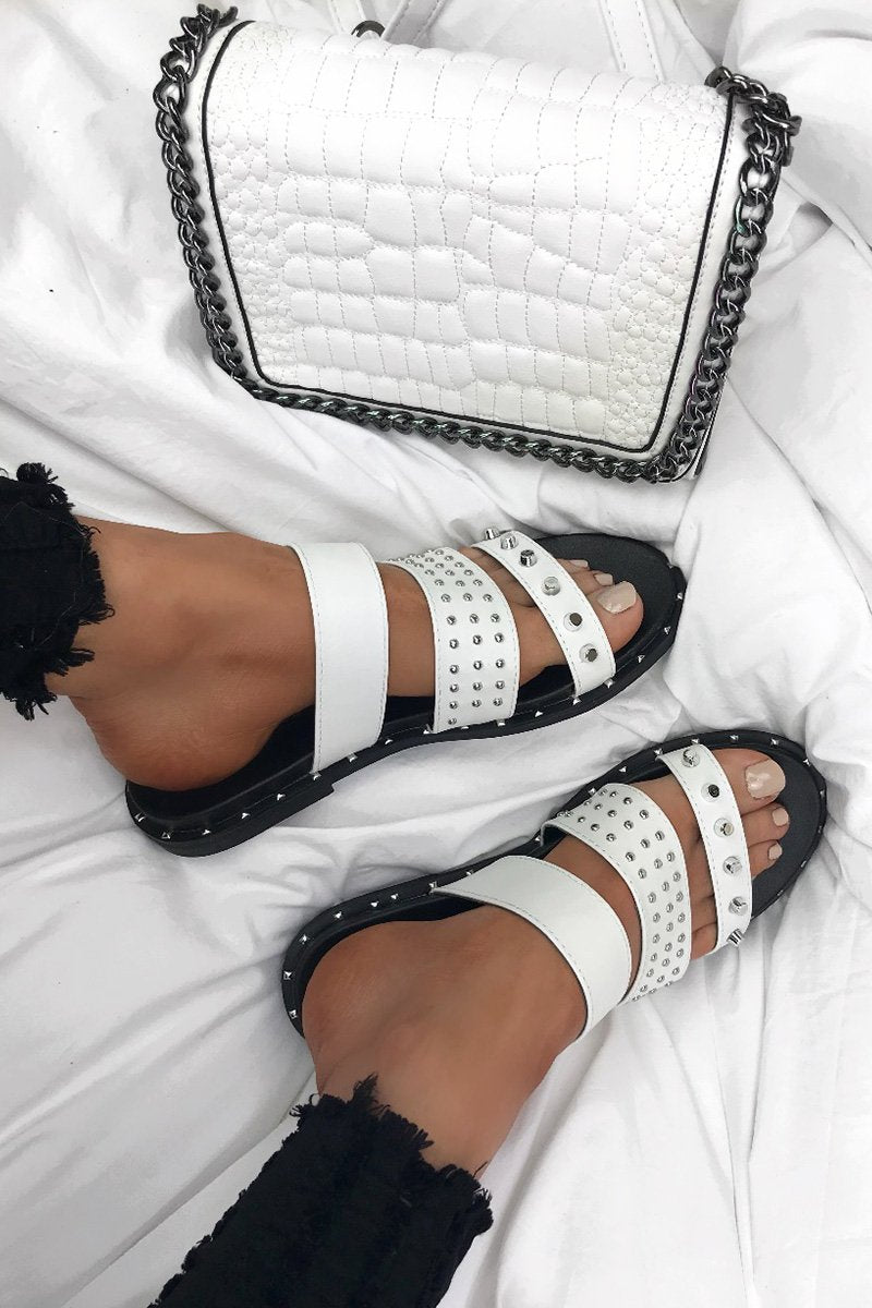 Summer White Stud Slider Sandals With Silver Detail