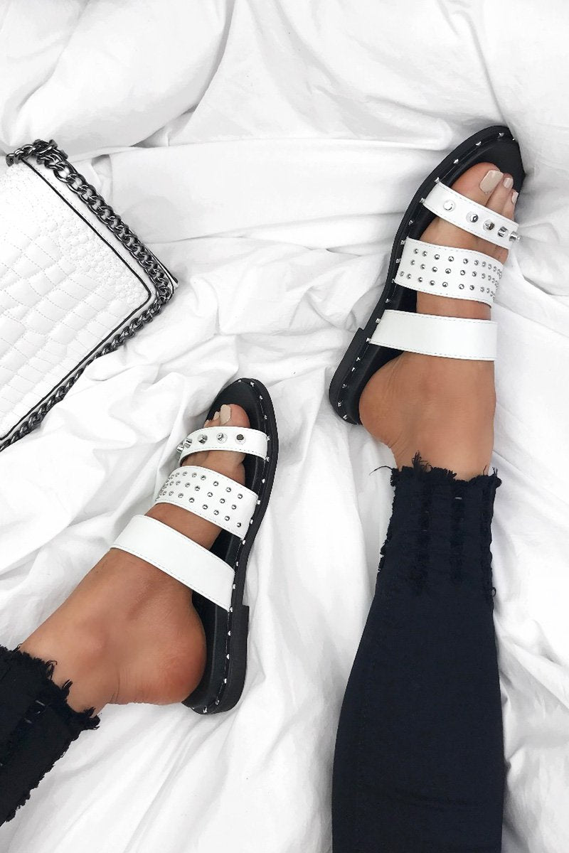 Summer White Stud Slider Sandals With Silver Detail