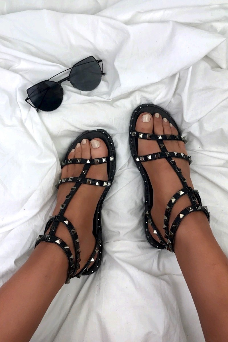 Talia Black Stud Cage Sandals With Silver Detail