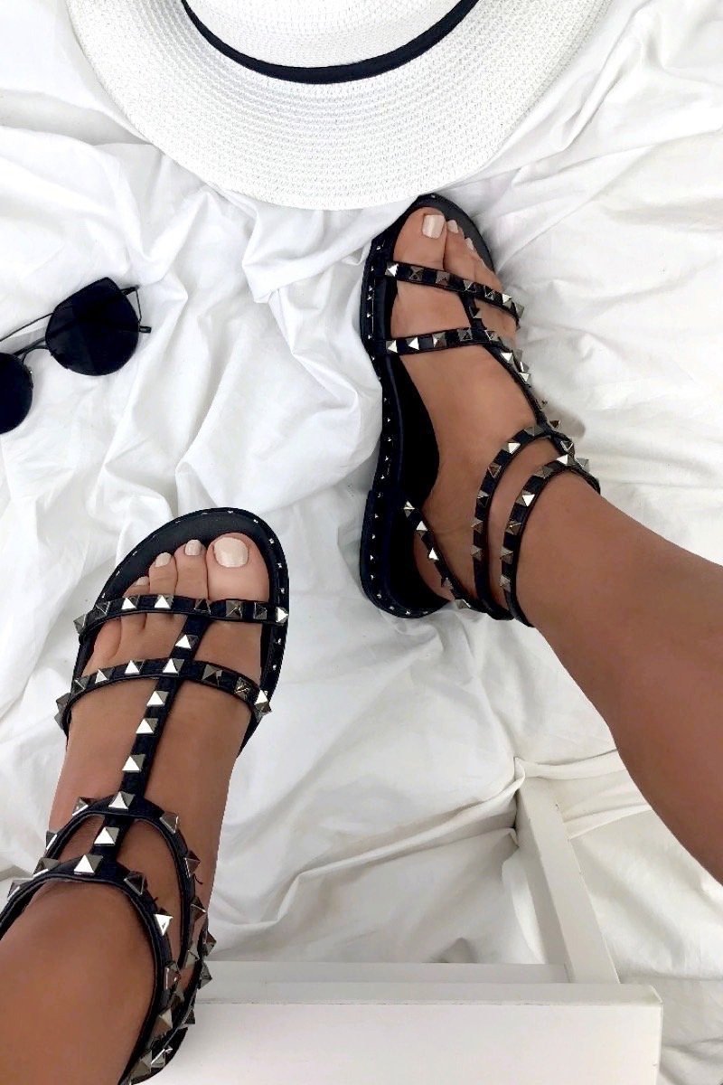 Talia Black Stud Cage Sandals With Silver Detail