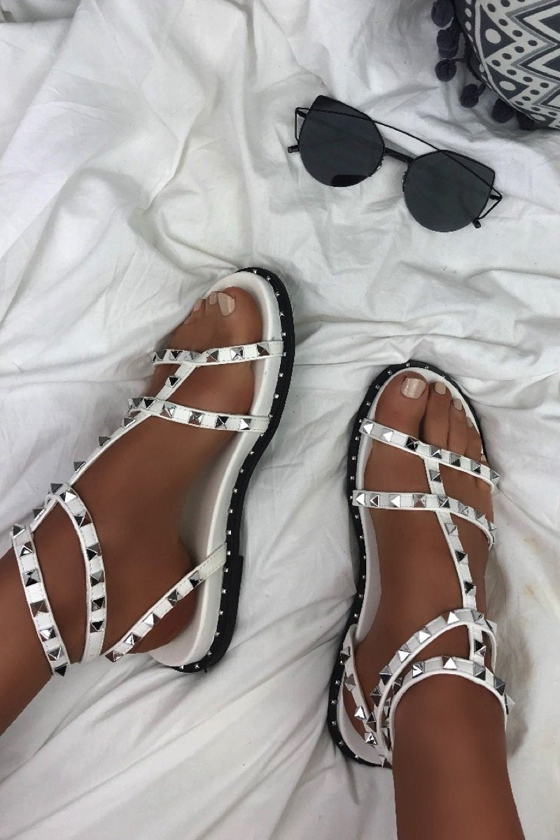 Talia White Stud Cage Sandals With Silver Detail