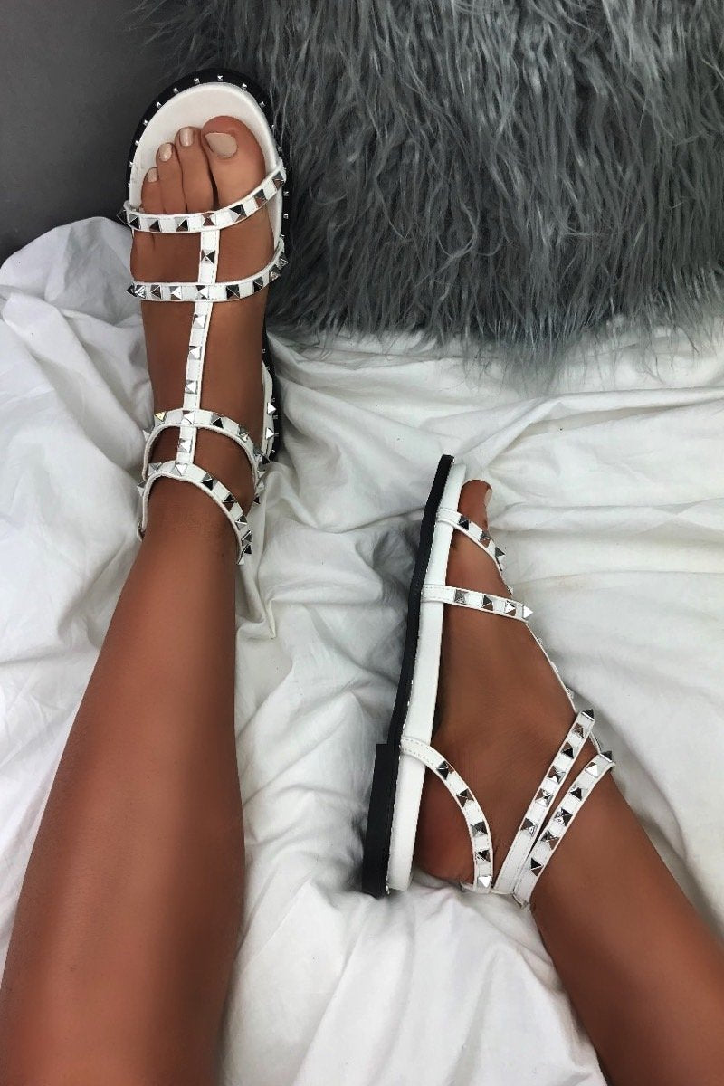 Talia White Stud Cage Sandals With Silver Detail