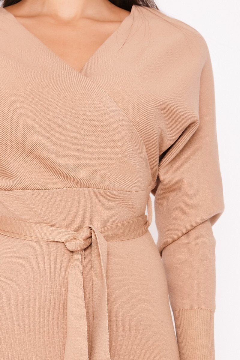 Tallie Beige V Neck Ribbed Belted Wrap Dress