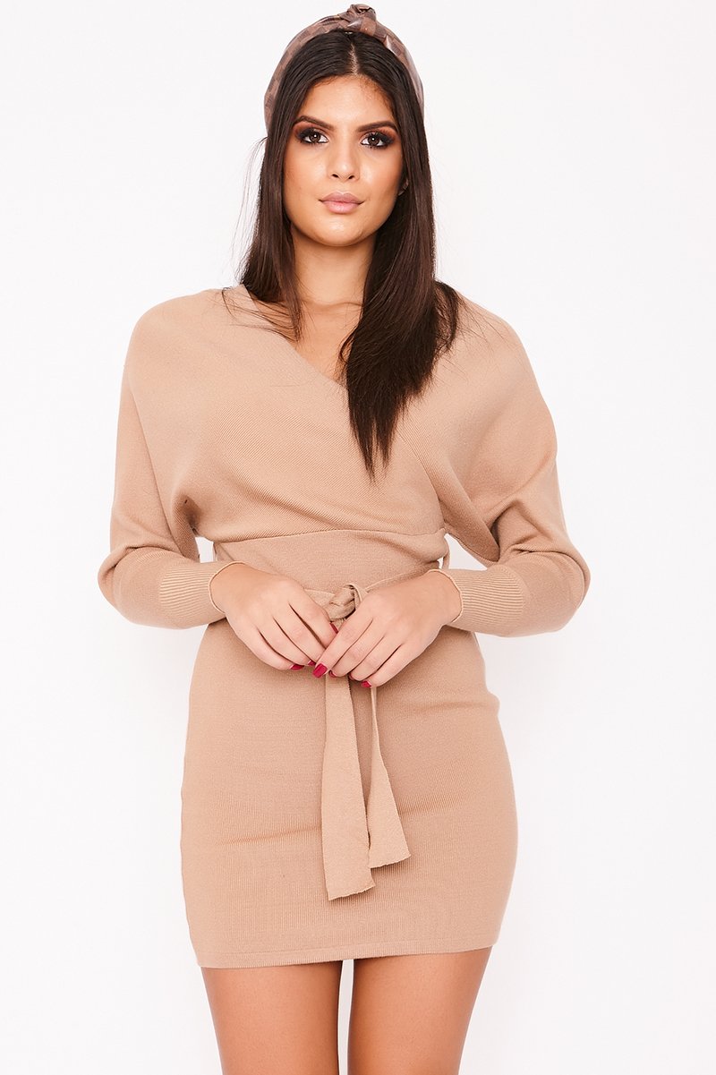 Tallie Beige V Neck Ribbed Belted Wrap Dress