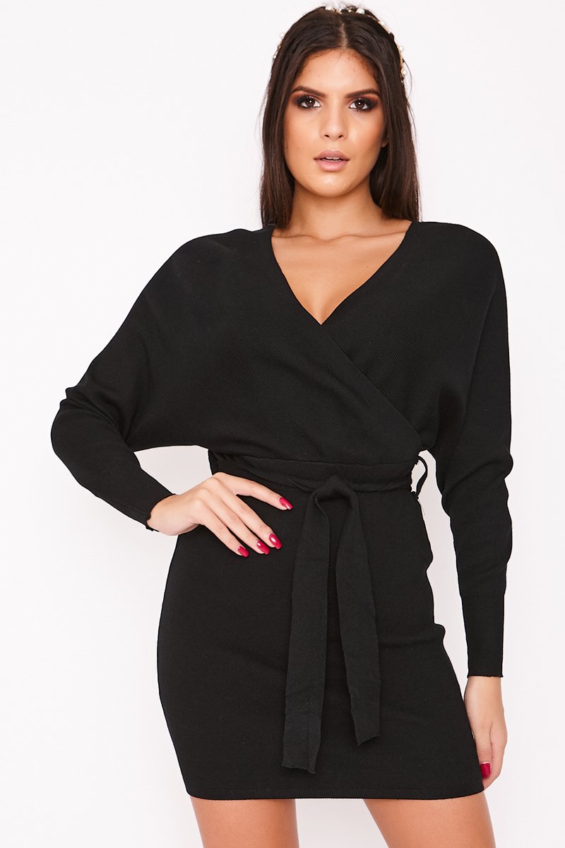 Tallie Black V Neck Ribbed Belted Wrap Dress