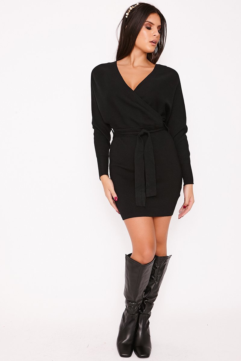 Tallie Black V Neck Ribbed Belted Wrap Dress