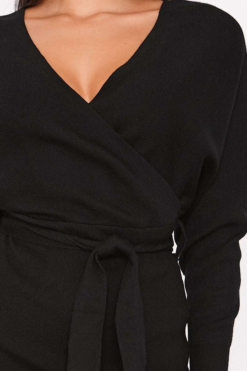 Tallie Black V Neck Ribbed Belted Wrap Dress