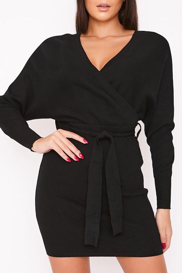 Tallie Black V Neck Ribbed Belted Wrap Dress