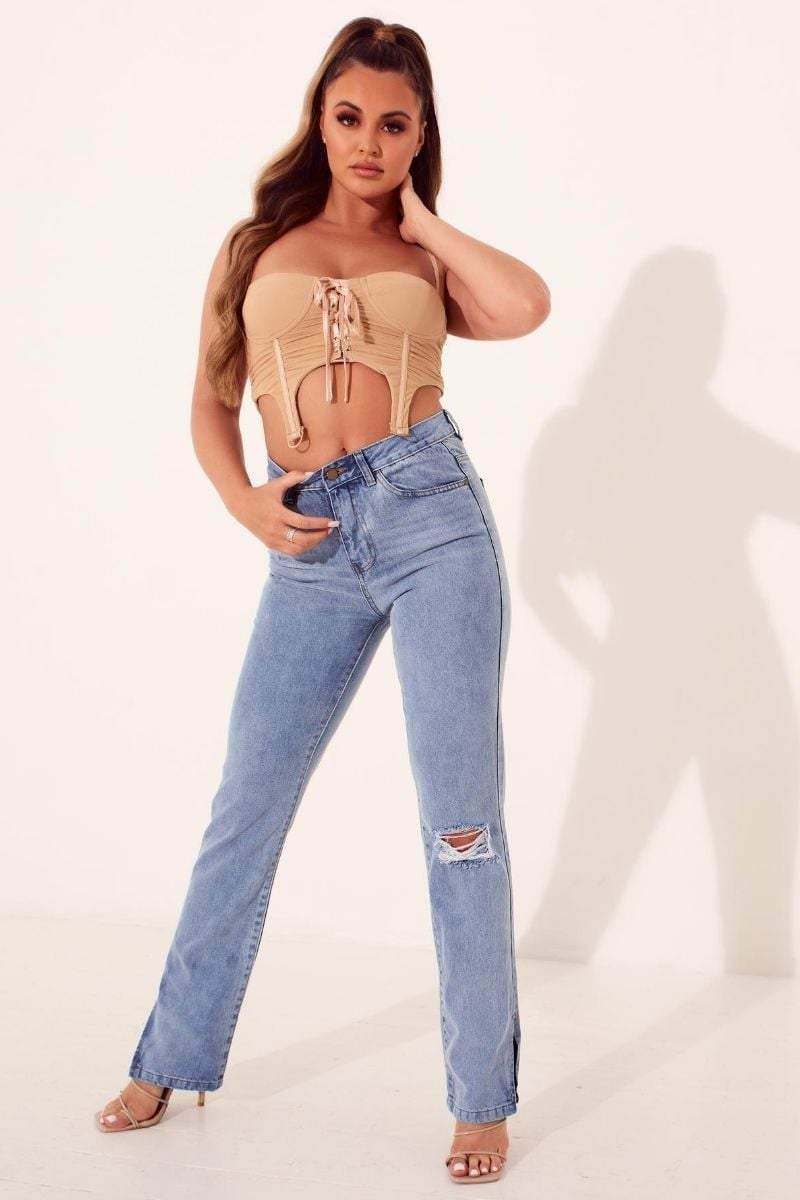 Tan Mesh Lace Up Suspender Detail Crop Top- Veda