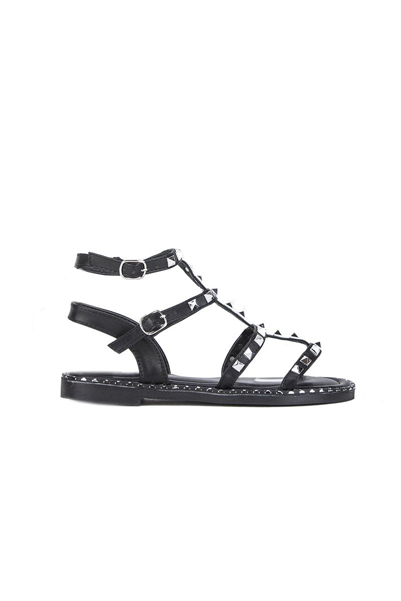 Tara Black Stud Cage Sandals With Silver Detail