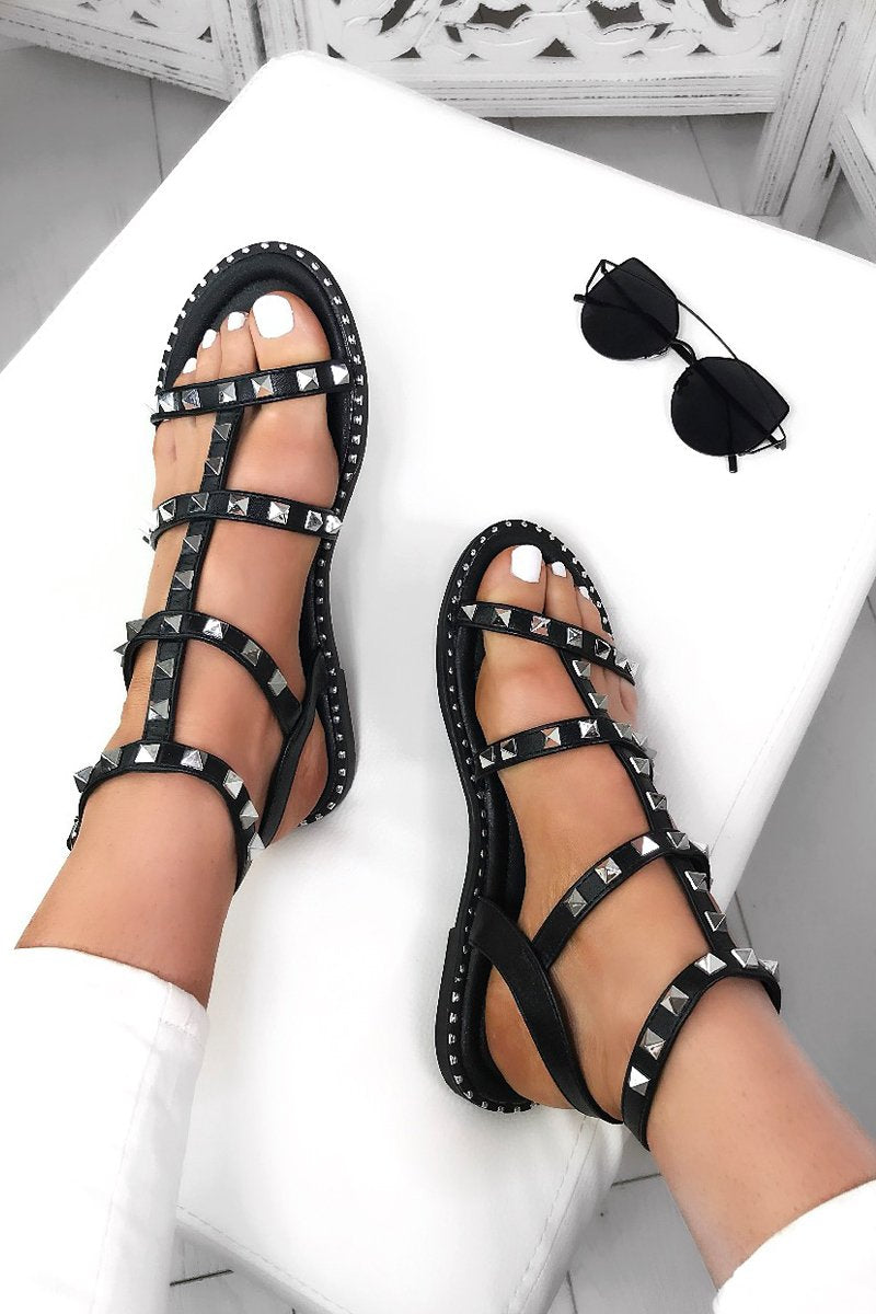 Tara Black Stud Cage Sandals With Silver Detail