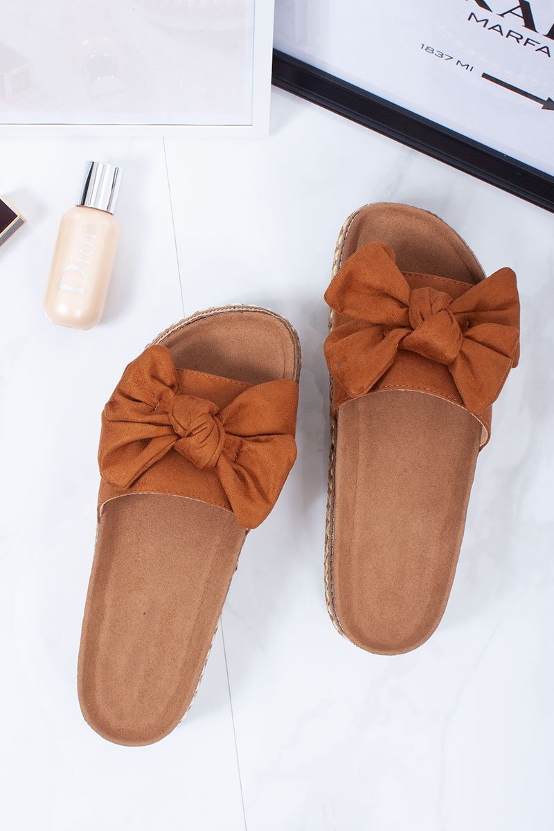 Tayla Tan Faux Suede Aztec Bow Detail Flatform Sandals