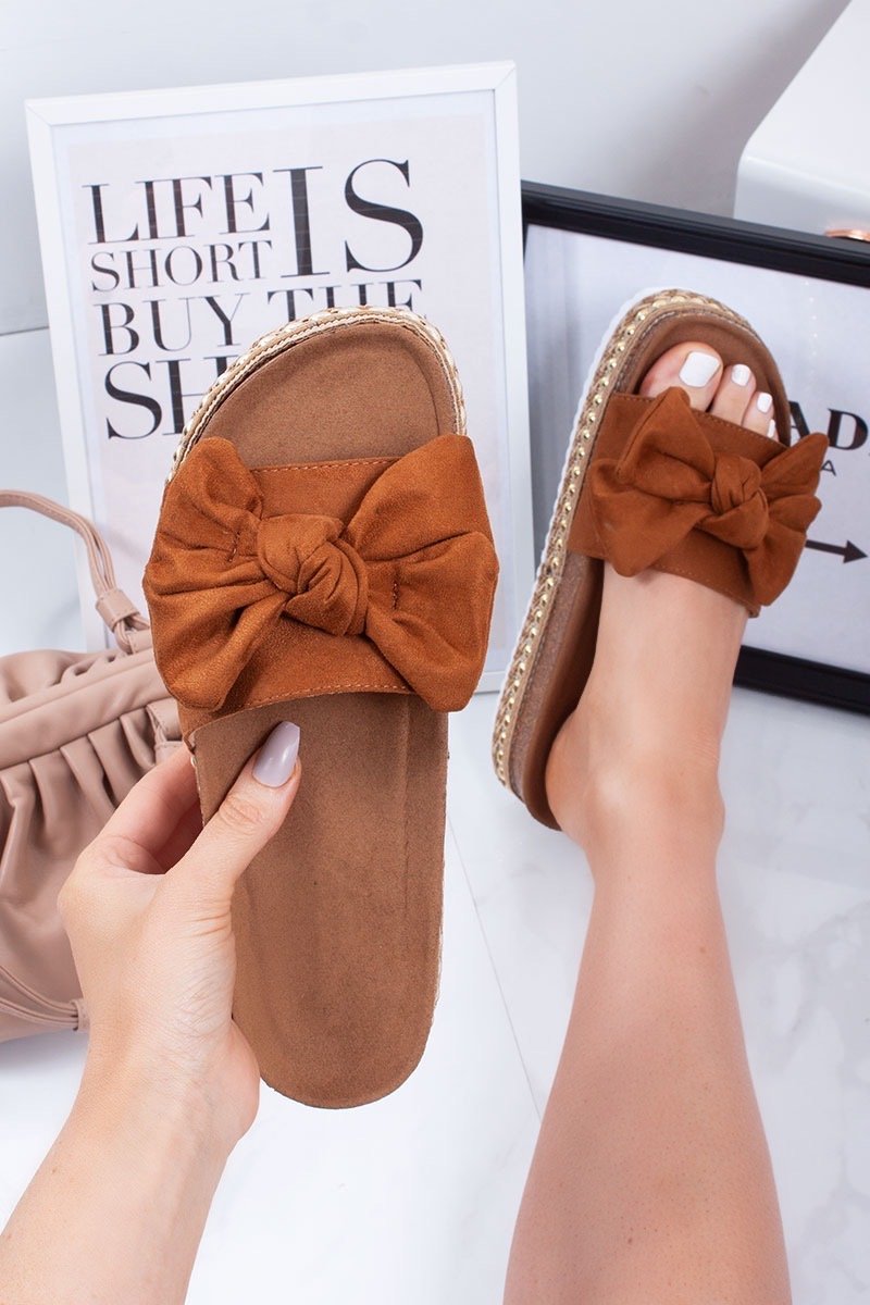 Tayla Tan Faux Suede Aztec Bow Detail Flatform Sandals