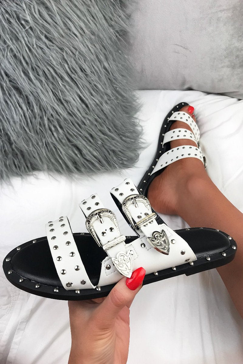 Taylor White Slip On Buckle Stud Slider Sandals