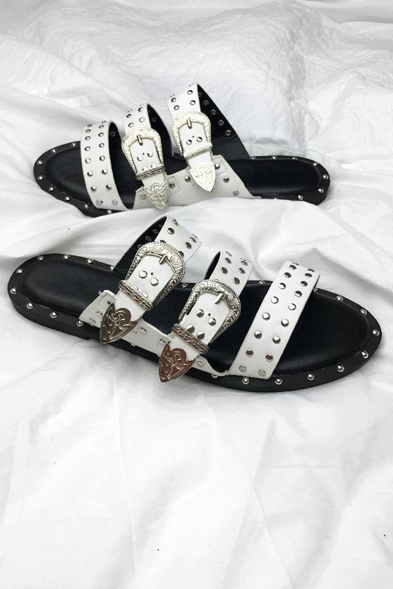 Taylor White Slip On Buckle Stud Slider Sandals