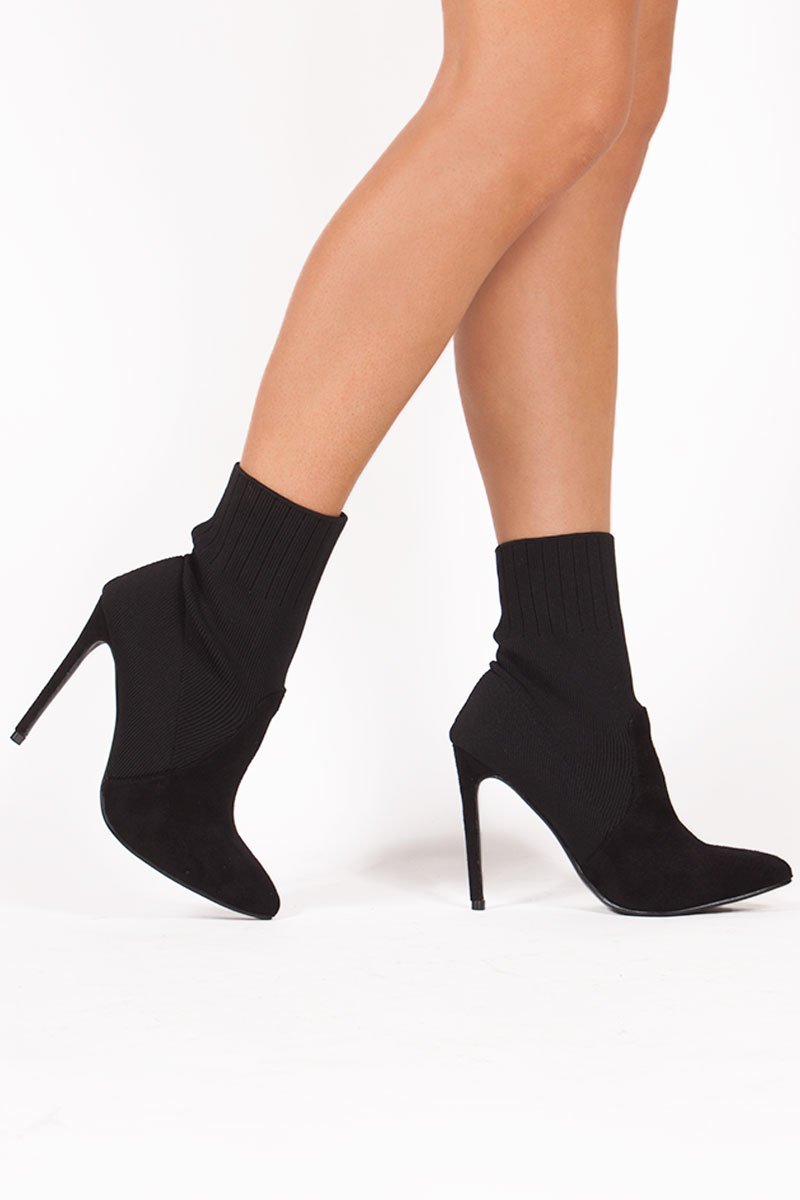 Tegan Black Ribbed Sock Ankle Boots