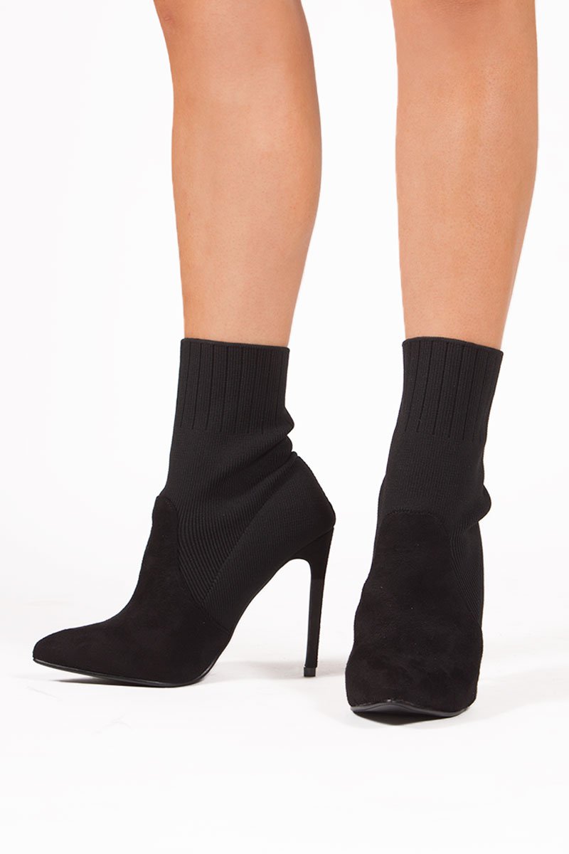 Tegan Black Ribbed Sock Ankle Boots