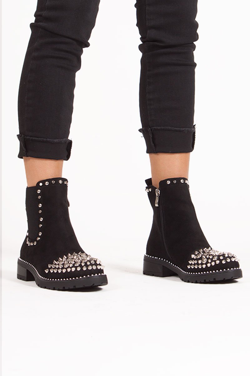 Thea Black Suede Ankle Boots With Spike Stud Details