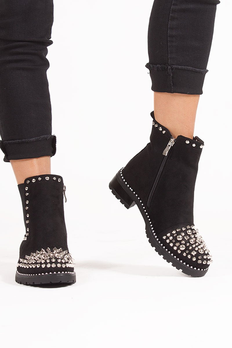 Thea Black Suede Ankle Boots With Spike Stud Details