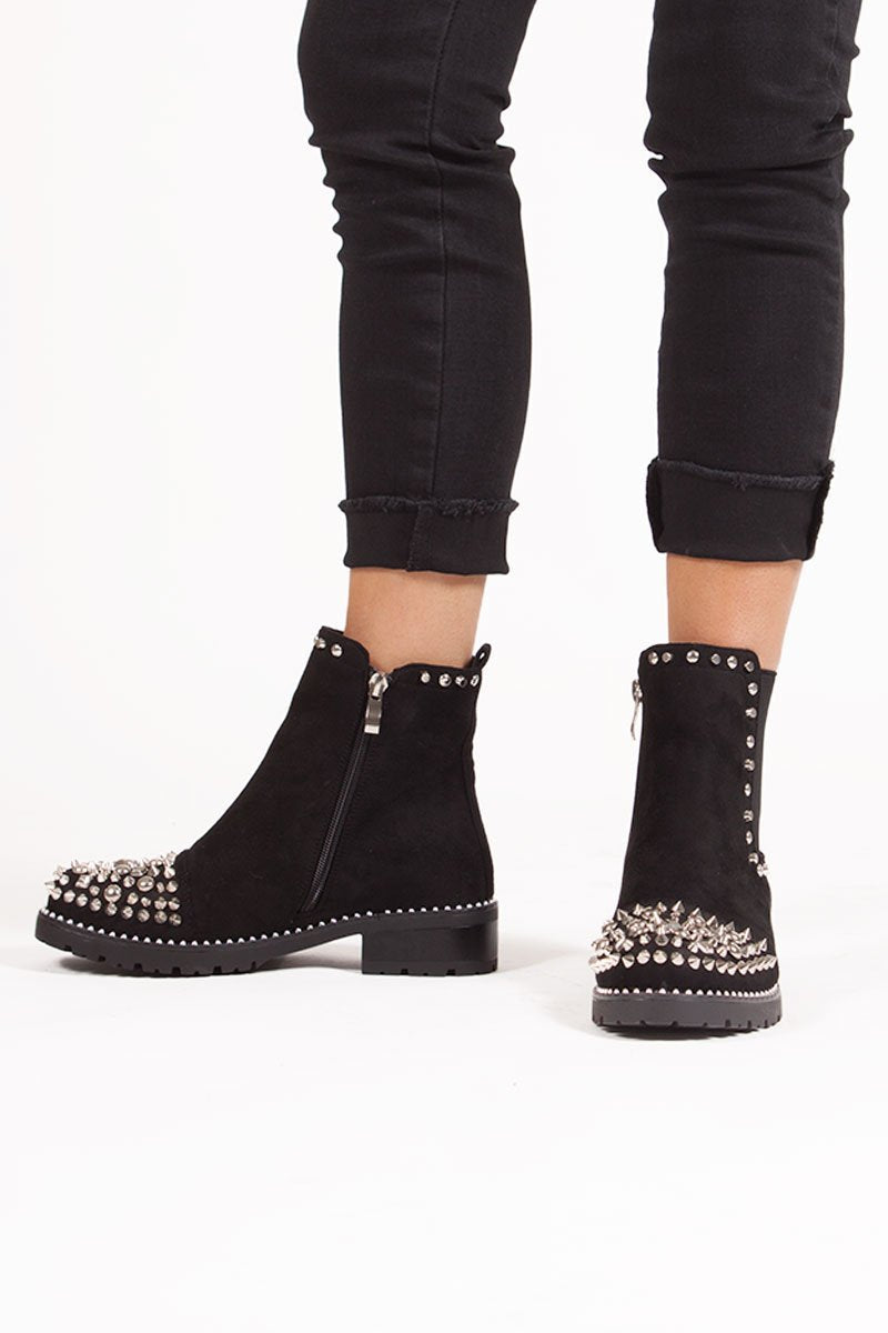 Thea Black Suede Ankle Boots With Spike Stud Details