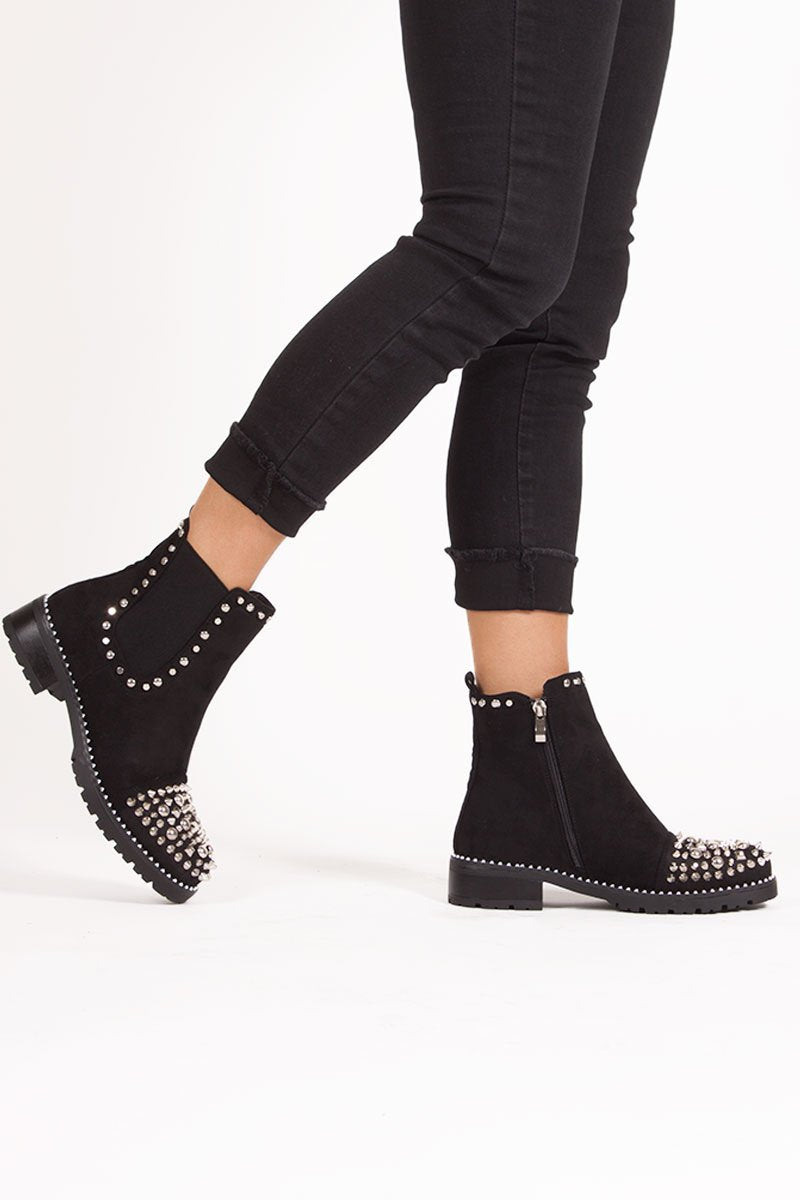 Thea Black Suede Ankle Boots With Spike Stud Details