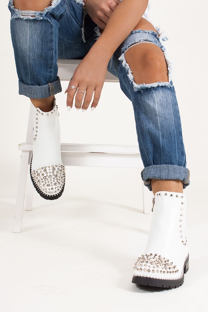 Thea White Pu Ankle Boots With Spike Stud Details