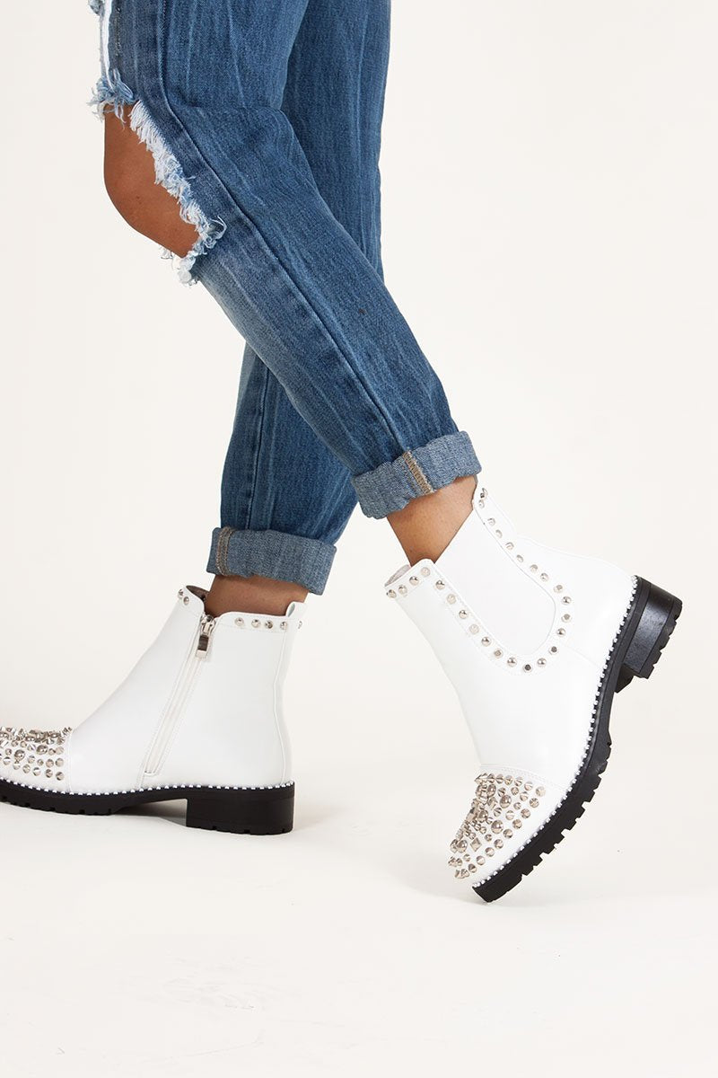 Thea White Pu Ankle Boots With Spike Stud Details