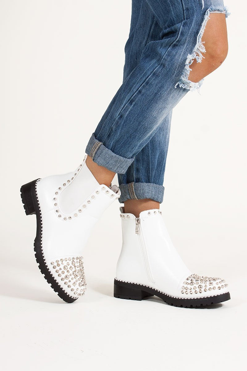 Thea White Pu Ankle Boots With Spike Stud Details