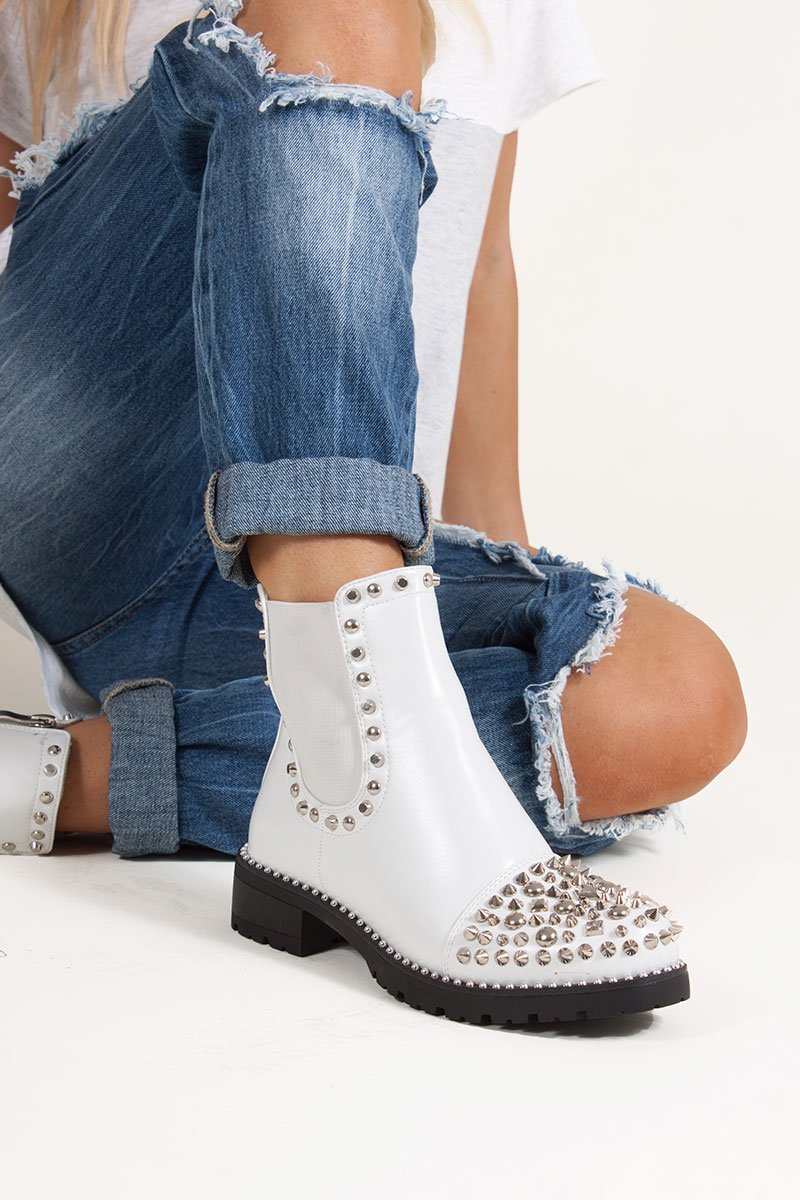 Thea White Pu Ankle Boots With Spike Stud Details