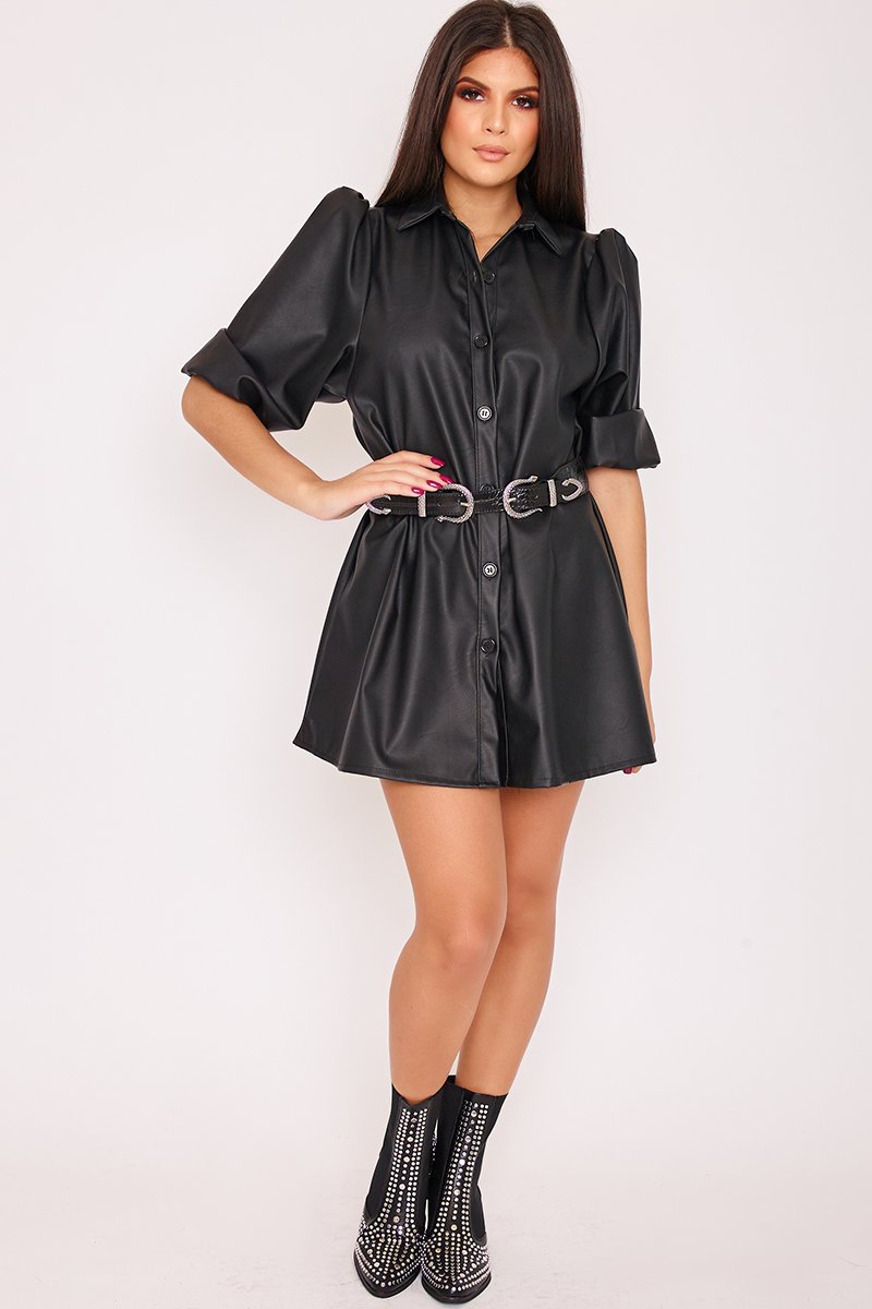 Tiana Black Faux Leather Puff Sleeve Shirt Dress