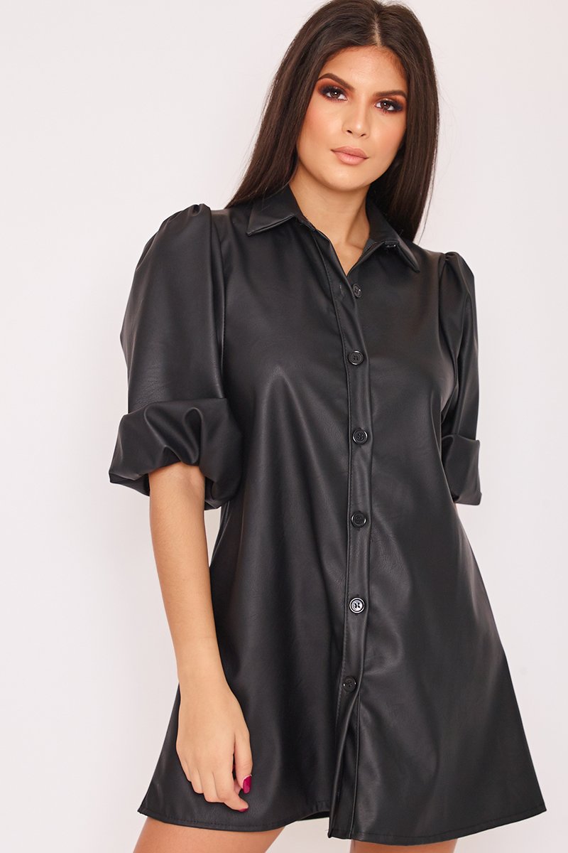 Tiana Black Faux Leather Puff Sleeve Shirt Dress