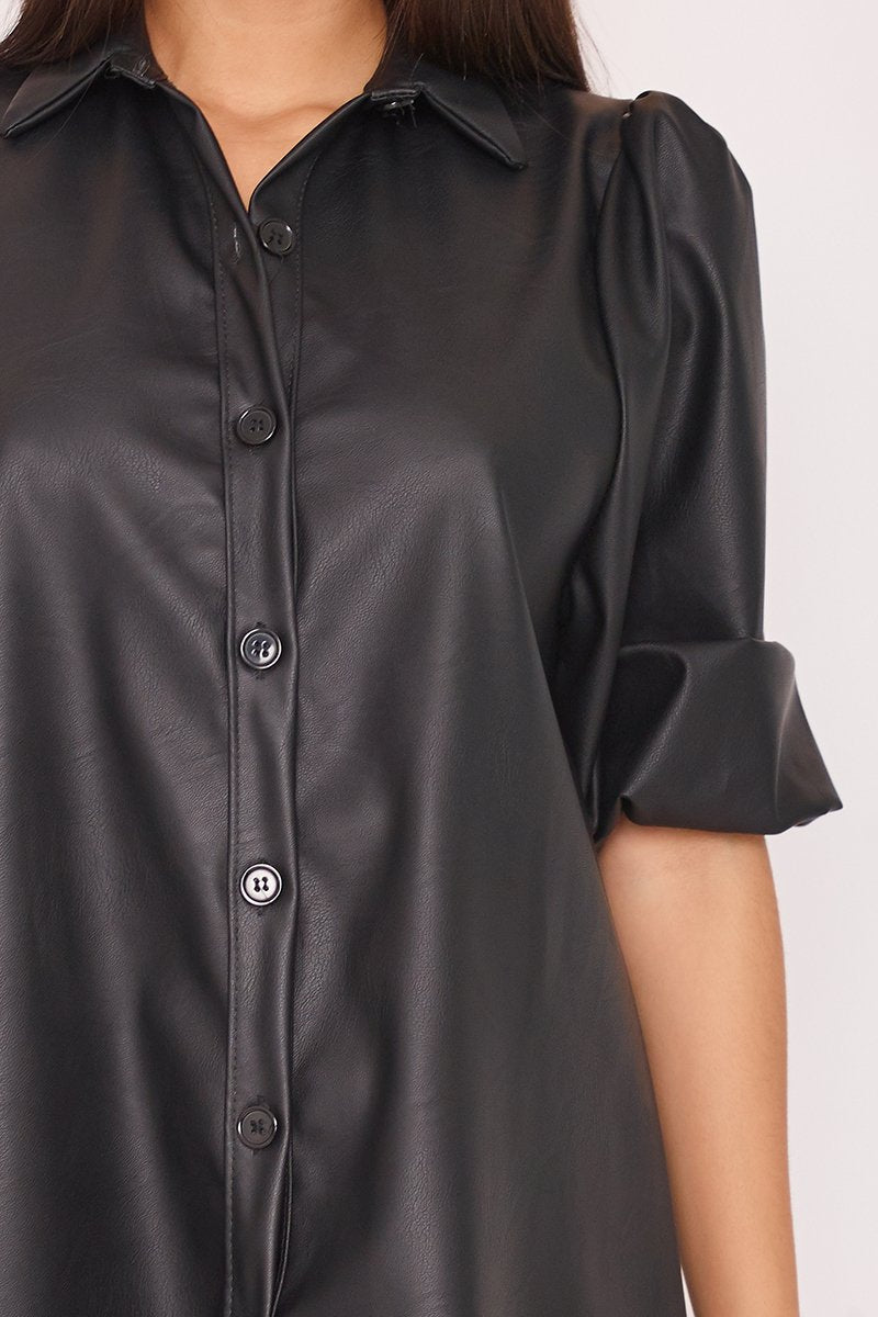 Tiana Black Faux Leather Puff Sleeve Shirt Dress