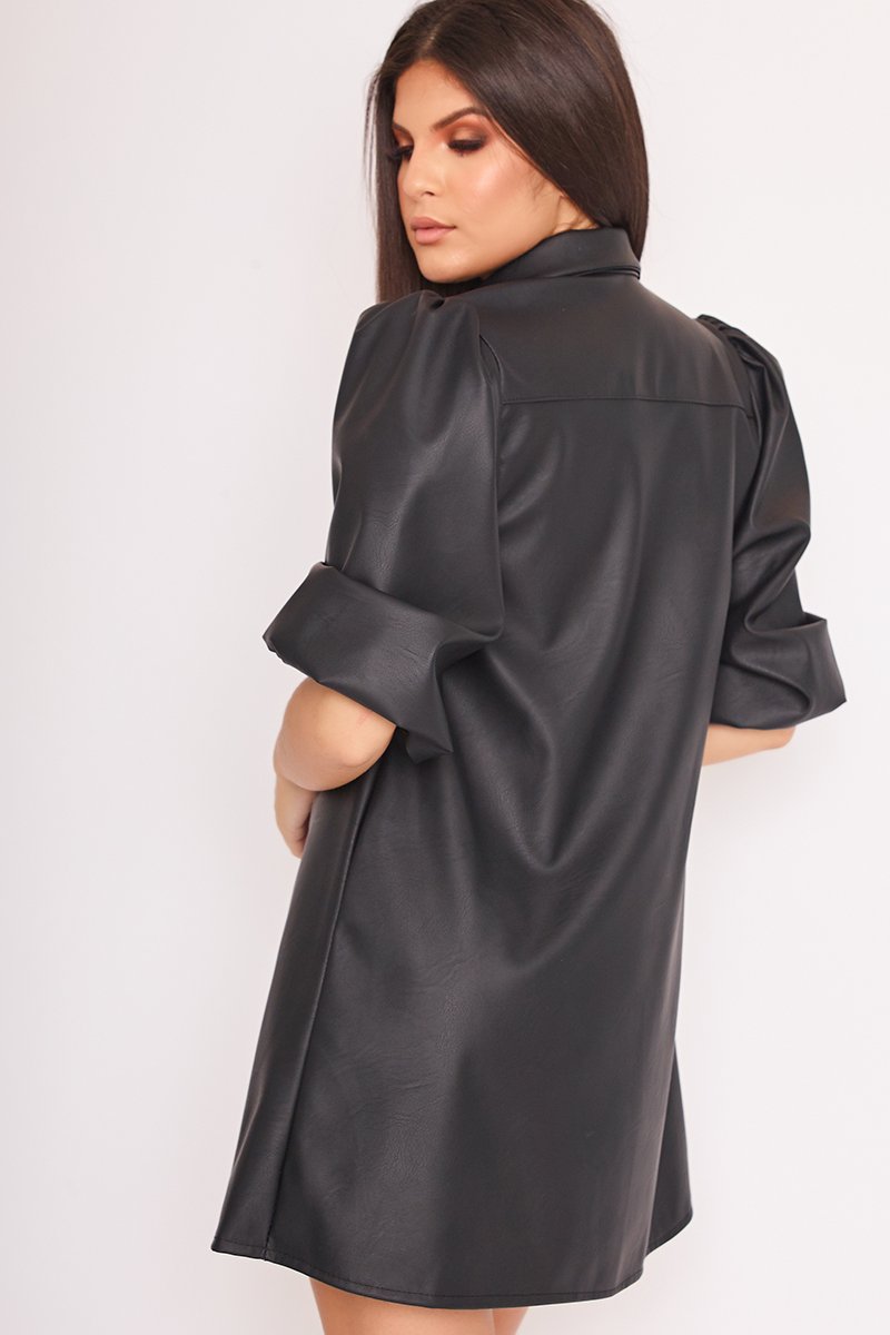 Tiana Black Faux Leather Puff Sleeve Shirt Dress