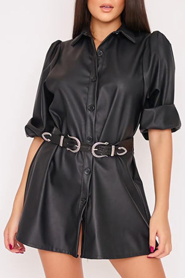 Tiana Black Faux Leather Puff Sleeve Shirt Dress