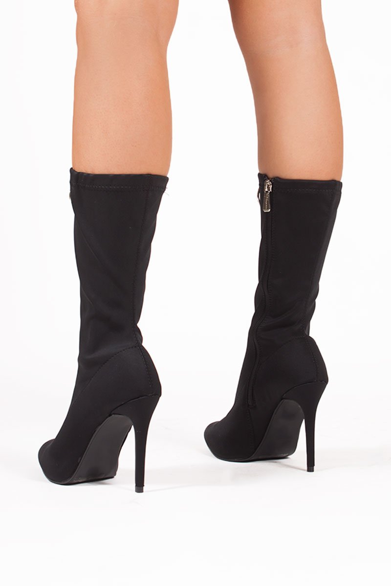 Tiffany Black Lycra Zip Front Ankle Boots