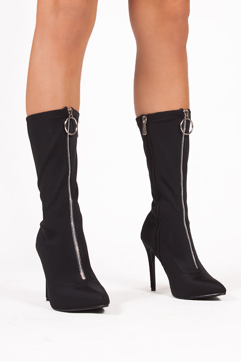 Tiffany Black Lycra Zip Front Ankle Boots