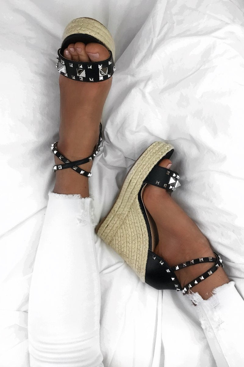 Tiffany Black Stud Espadrille Wedges With Silver Detail