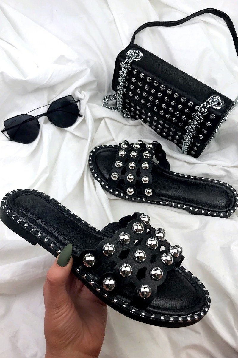 Viola Black Stud Slider Sandals With Silver Detail